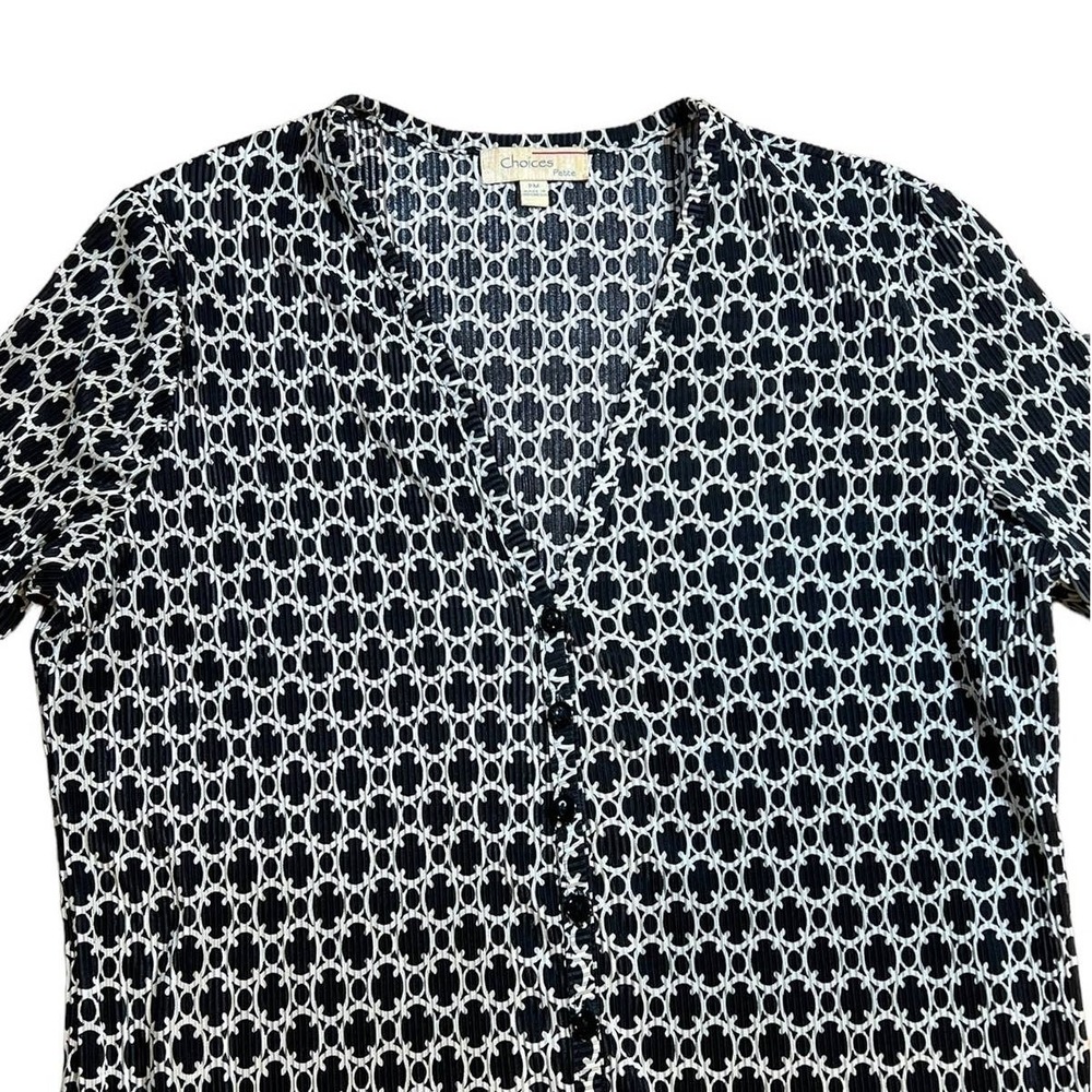 VTG Choice Petite Womens Sz PM Black White Quatrefoil Knit Top Scalloped V-Neck